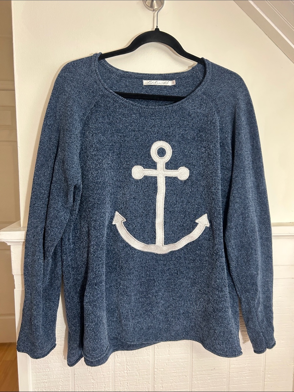 Lulu-B Navy Blue Anchor Design Chenille Sweater size Large - Picture 2 of 7